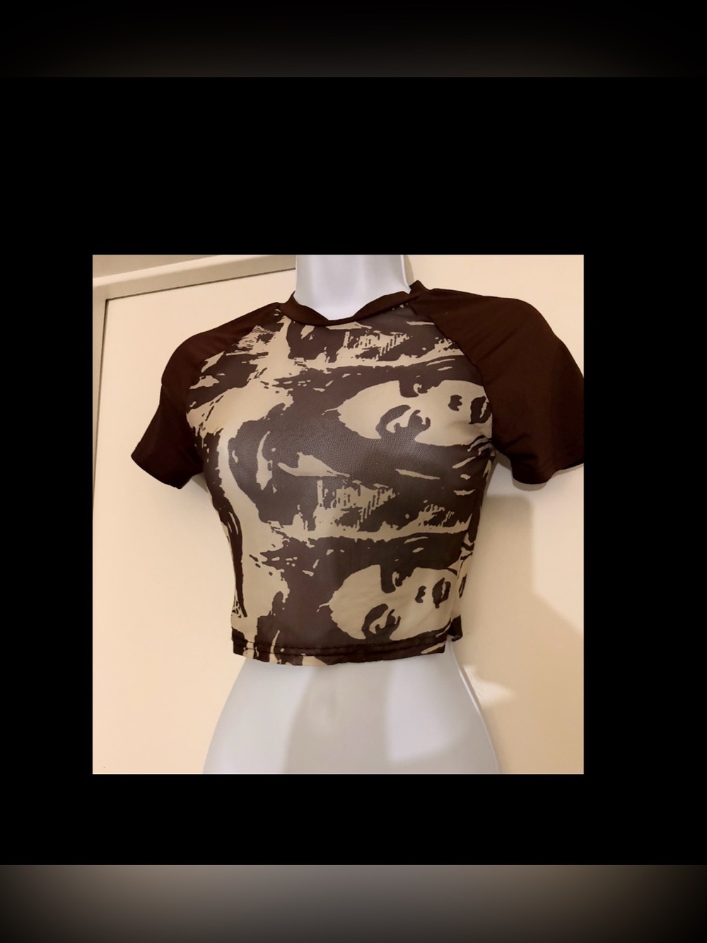 Women's Brown Graphic Crop Top - Short Sleeve Raglan